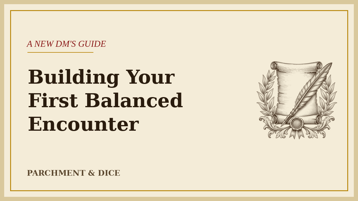 Cream title card reading 'Building Your First Balanced Encounter' beside an ink-drawn scroll and quill