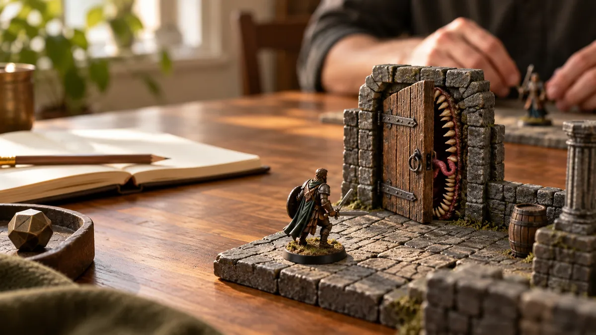 Painted knight miniature facing a toothy monster hiding in a stone doorway on a wooden table with open notebook and dice
