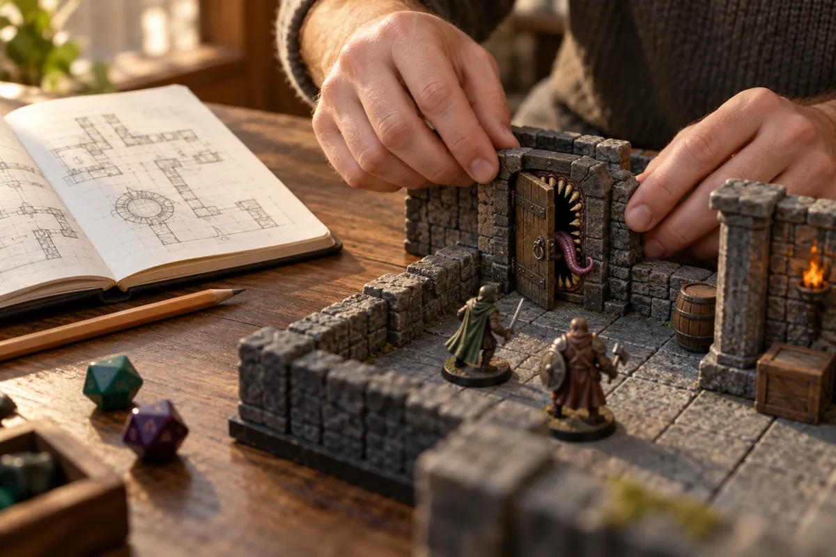 Hands placing a toothy mimic door on a stone dungeon tile set with miniatures, dice and a map notebook