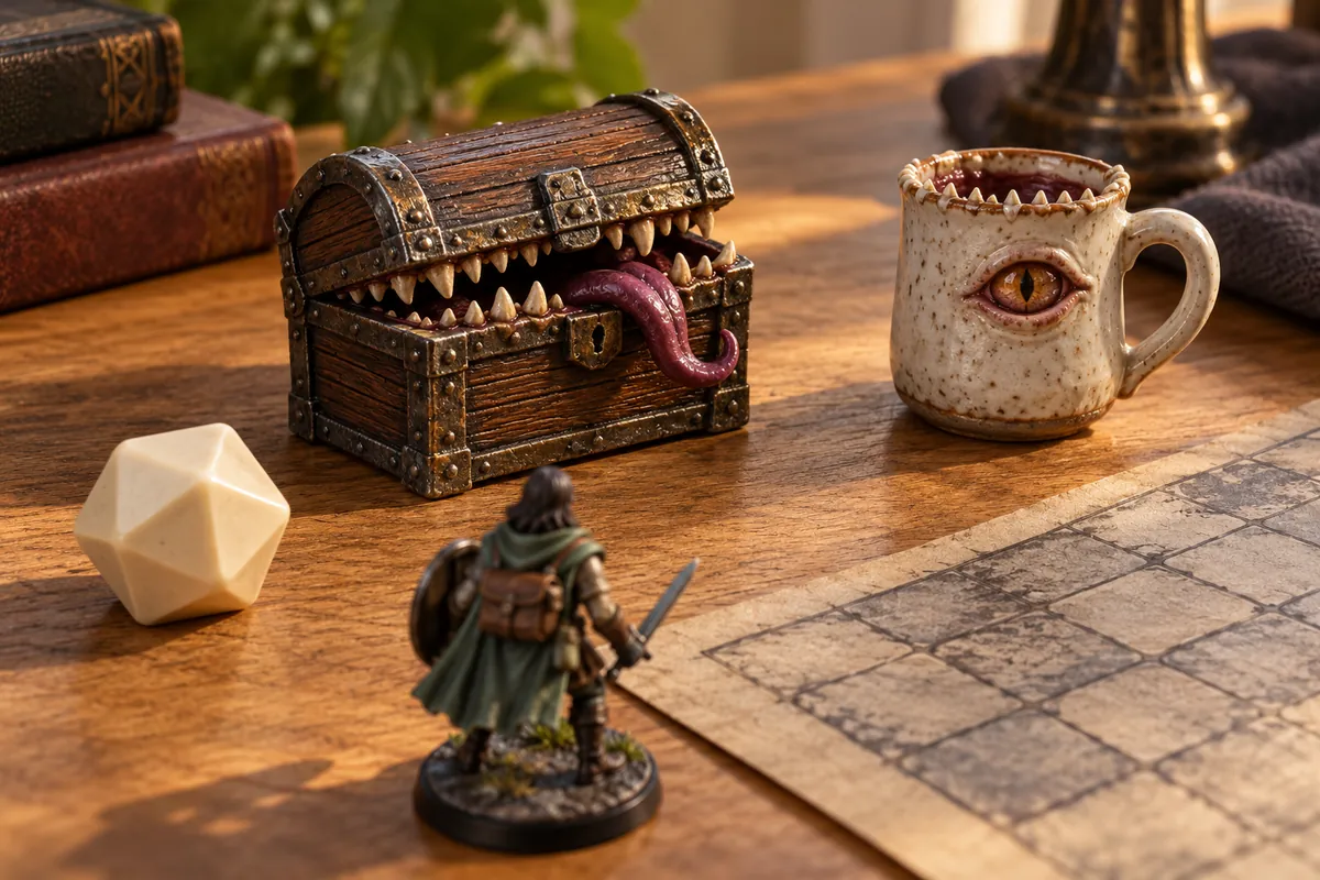 Toothy treasure chest with a tongue, a warrior miniature, an eye mug, a white d20 and a grid map on a wooden table