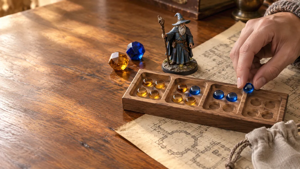 Hand placing blue glass gems in a wooden tray beside a wizard miniature and dungeon map on a table