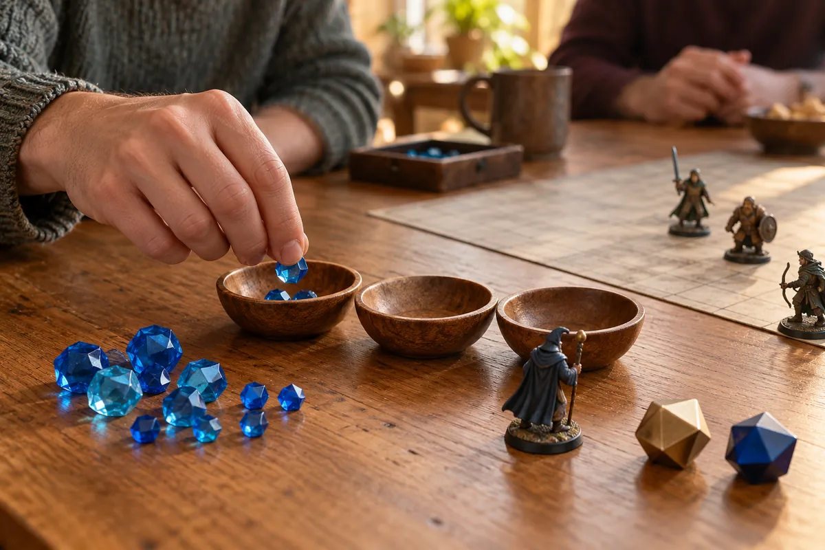 Hand placing blue gems into wooden bowls on a table with fantasy miniatures, a battle map and dice