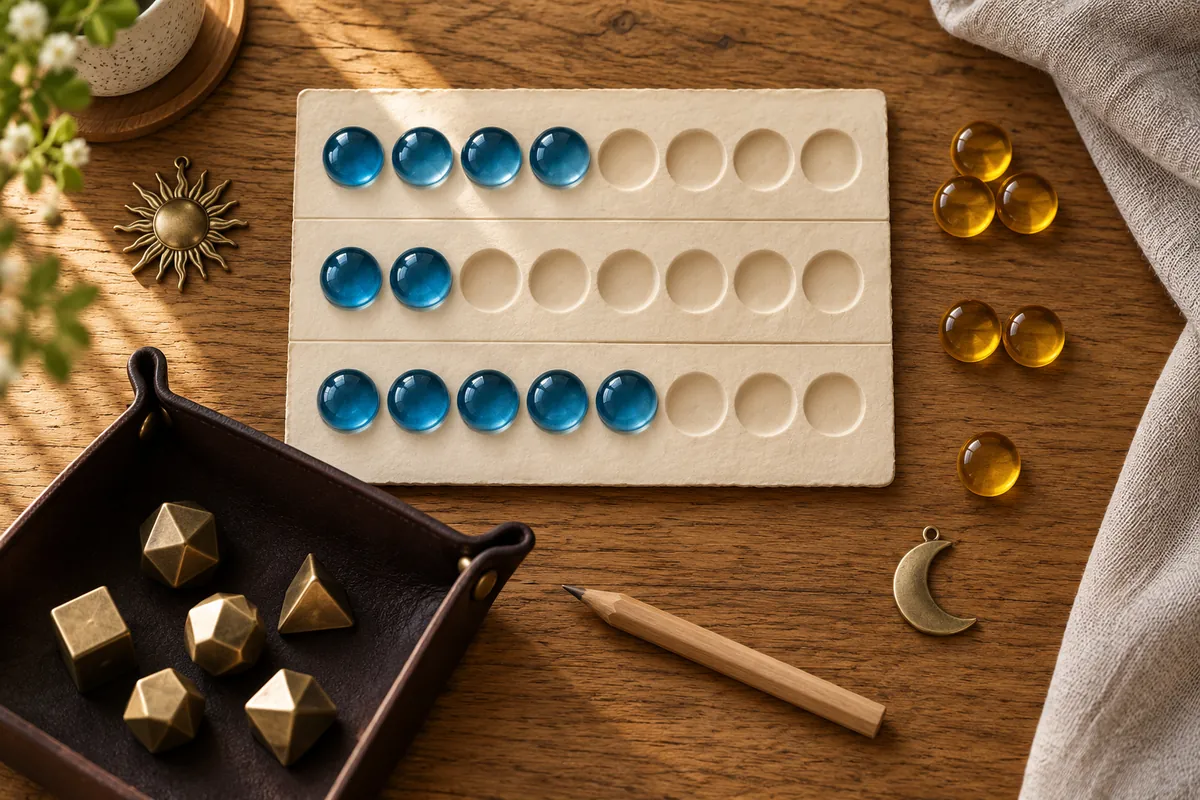 Blue glass gems in a three-row tray beside metal dice, a pencil, and amber gems on a wooden table