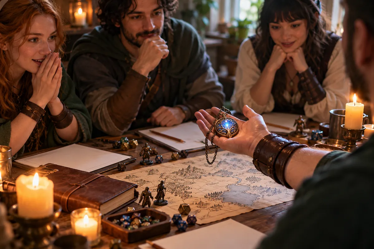 Three players watch a hand hold a glowing blue amulet over a candlelit table with a map, miniatures and dice
