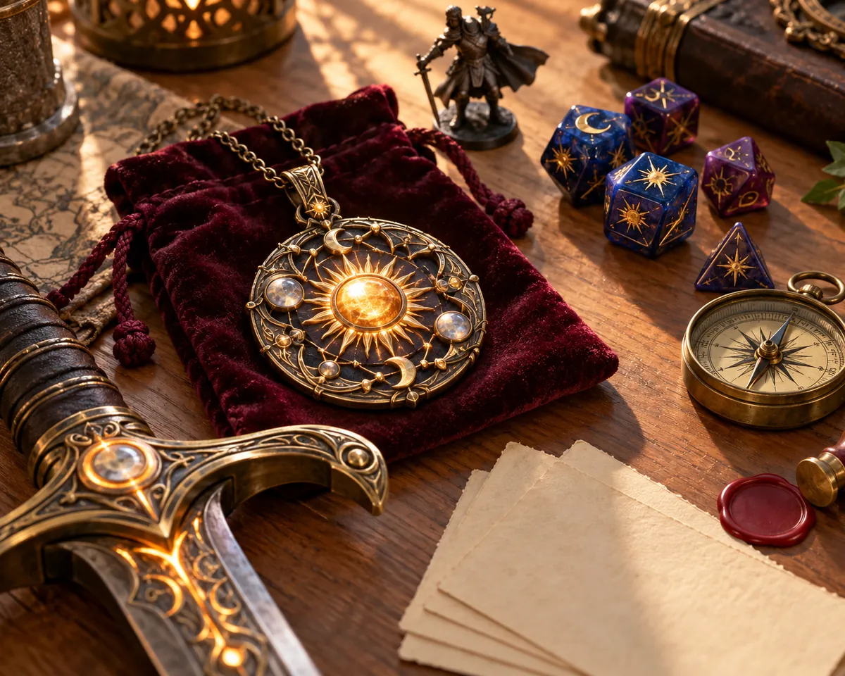 Ornate sun and moon amulet on a velvet pouch beside a sword, blue dice, a compass and a wax seal
