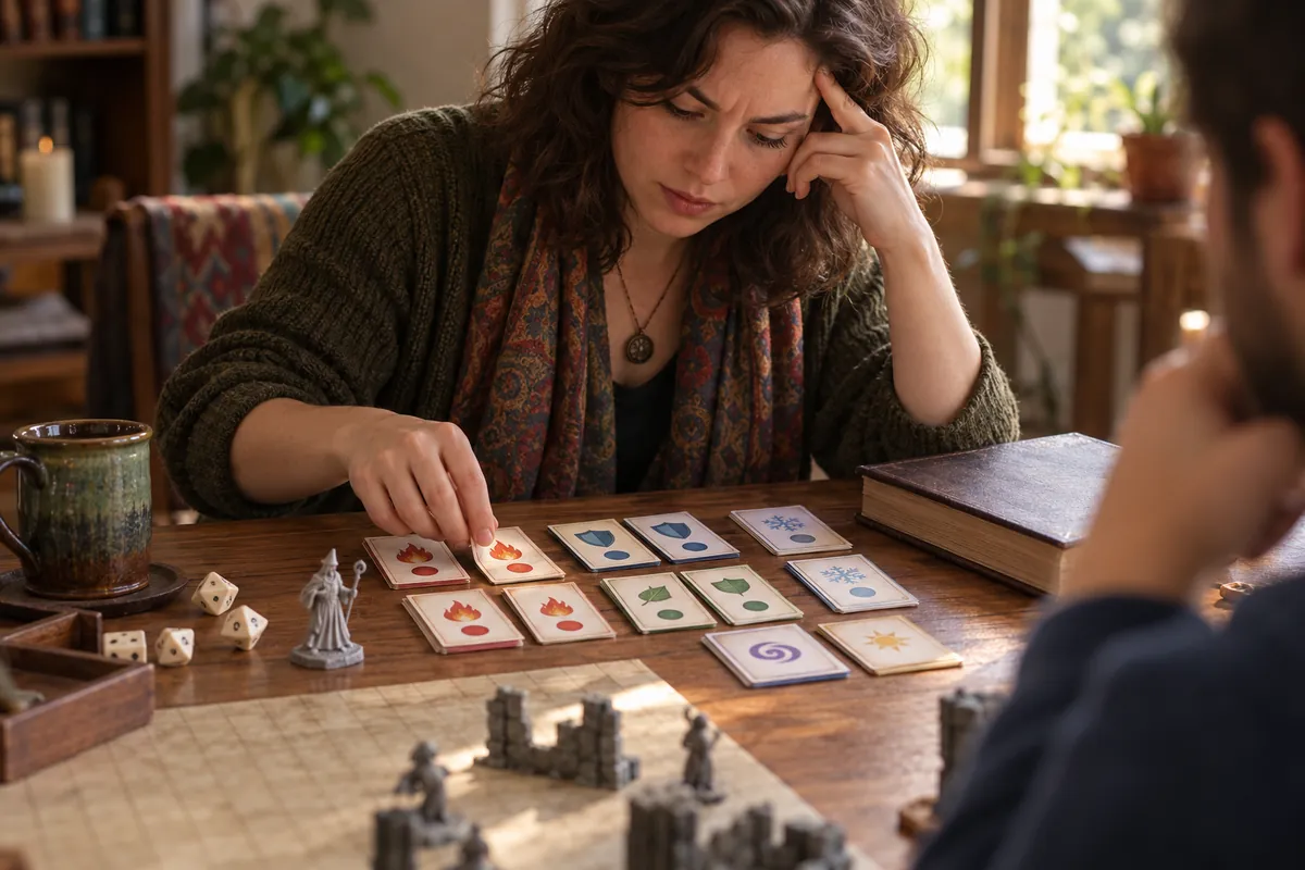 Woman with curly hair studying rows of elemental cards on a table beside dice, a wizard miniature and a mug