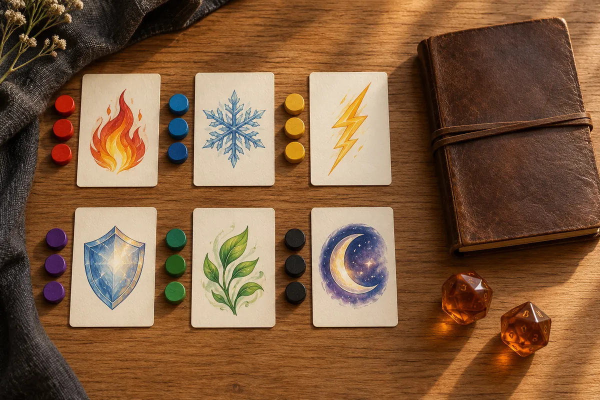 Six illustrated cards with matching colored tokens, amber dice and a leather journal on a wooden table