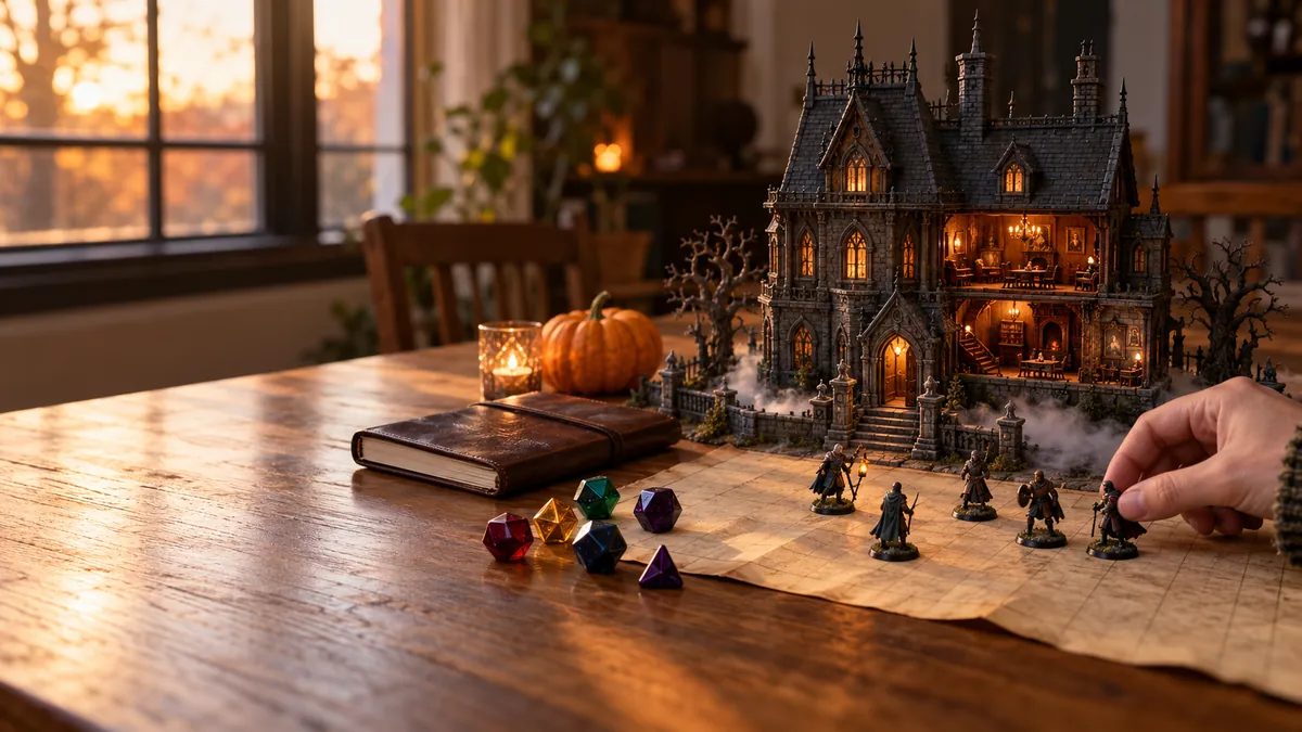 Miniature gothic mansion with hero figures, colorful dice, a leather book, a pumpkin and a candle on a wooden table