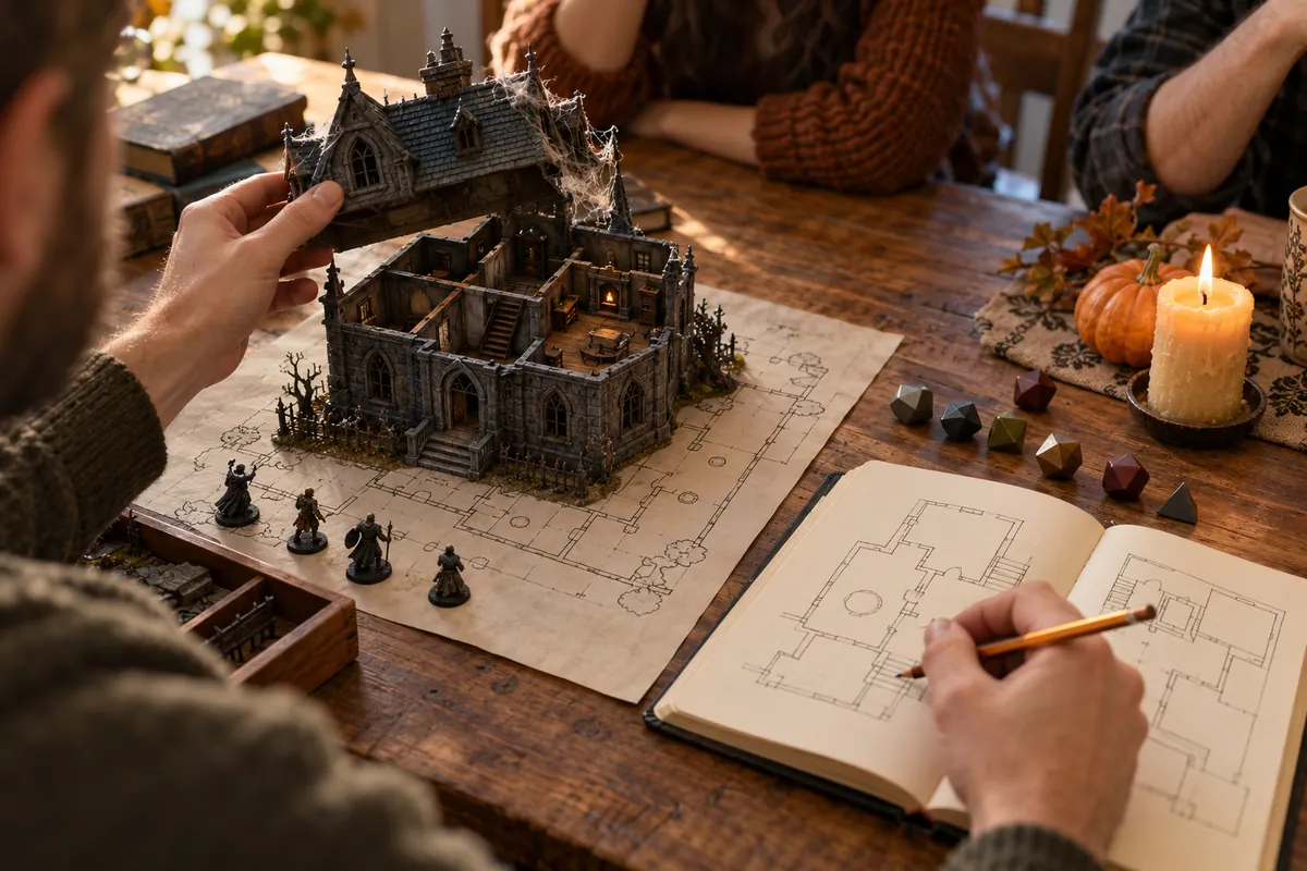 Player lifting the roof off a miniature gothic mansion on a map, with a candle, pumpkin, dice and floor plan sketchbook