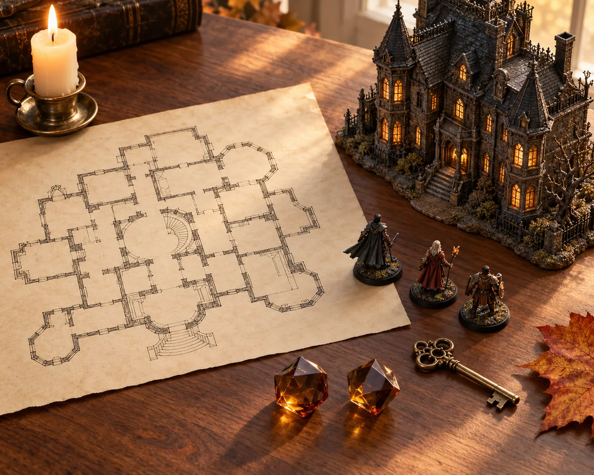 Parchment floor plan, three miniatures, and a lit mansion model on a wooden table with amber dice and a key