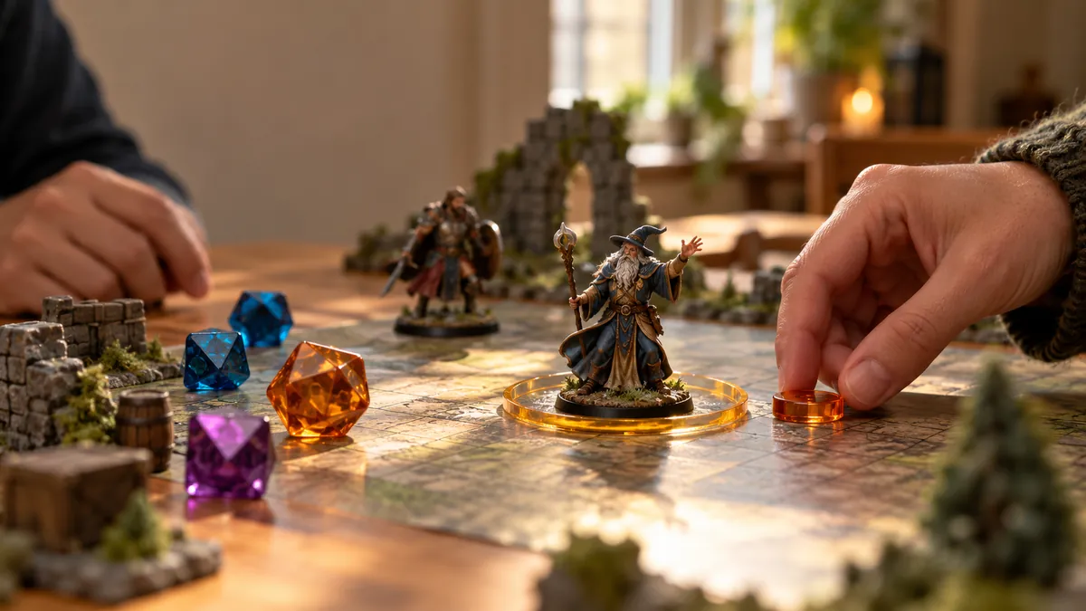 Wizard miniature on a battle map with a hand placing an amber token, plus colorful dice and stone ruins