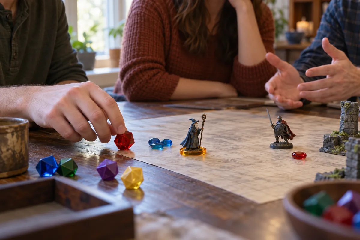 Players around a wooden table with a gridded battle map, wizard and warrior miniatures, and colorful dice
