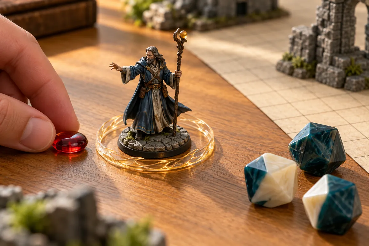 Painted wizard miniature in a glowing ring on a wooden table beside teal dice, with a hand placing a red gem