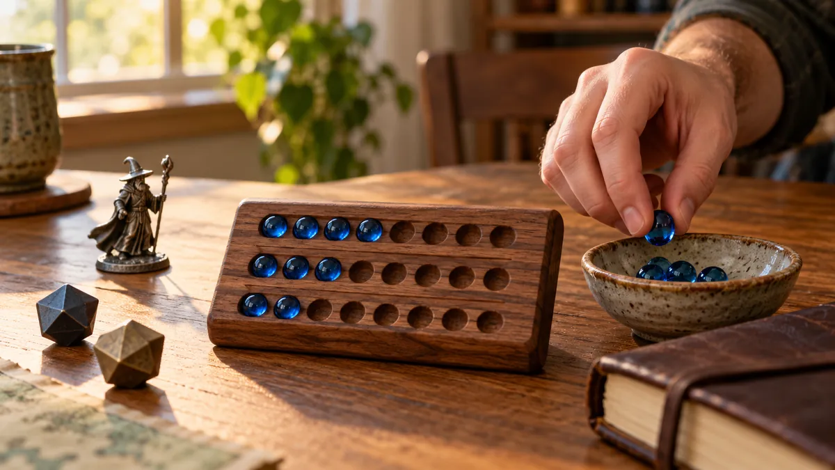 Hand placing blue glass marbles in a wooden peg board beside a wizard miniature, metal dice and a leather book