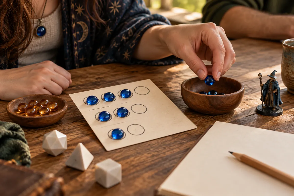 Person in a star-print robe placing a blue glass bead on a card with circles, beside a wizard miniature and white dice