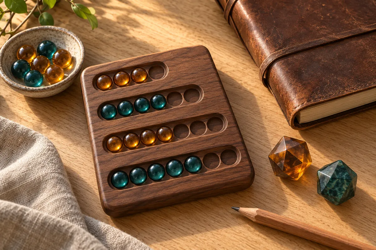 Wooden tray with amber and teal glass beads in rows beside a leather journal, two gem dice and a pencil