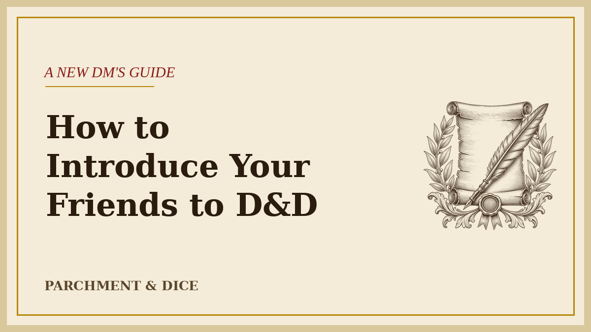 Cream title card reading 'How to Introduce Your Friends to D&D' under 'A New DM's Guide', with an ink-drawn scroll and quill