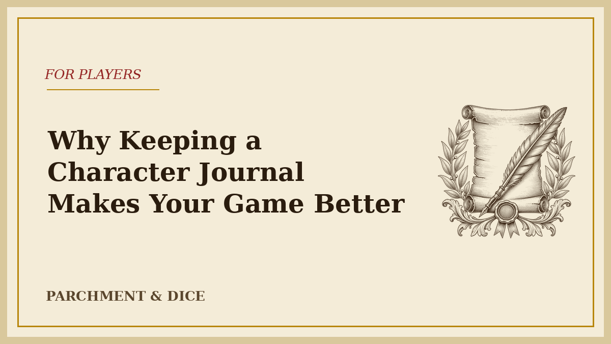 Cream title card reading 'Why Keeping a Character Journal Makes Your Game Better' beside an ink-drawn scroll and quill