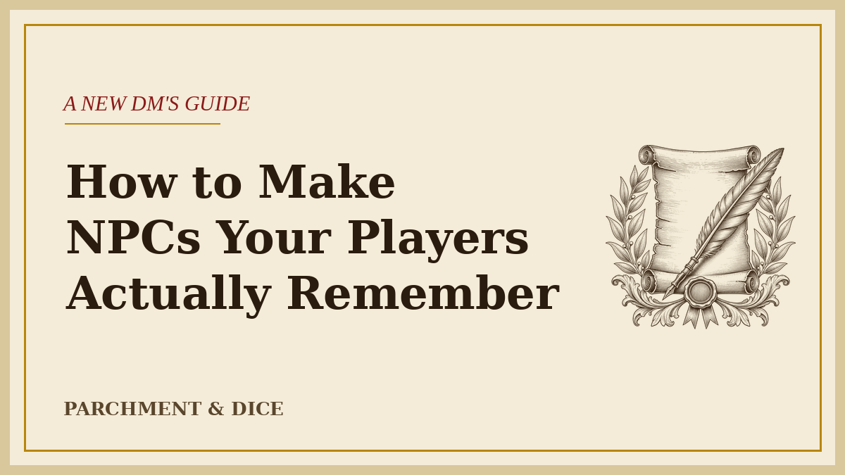 Cream title card reading 'How to Make NPCs Your Players Actually Remember' beside an ink-drawn scroll and quill