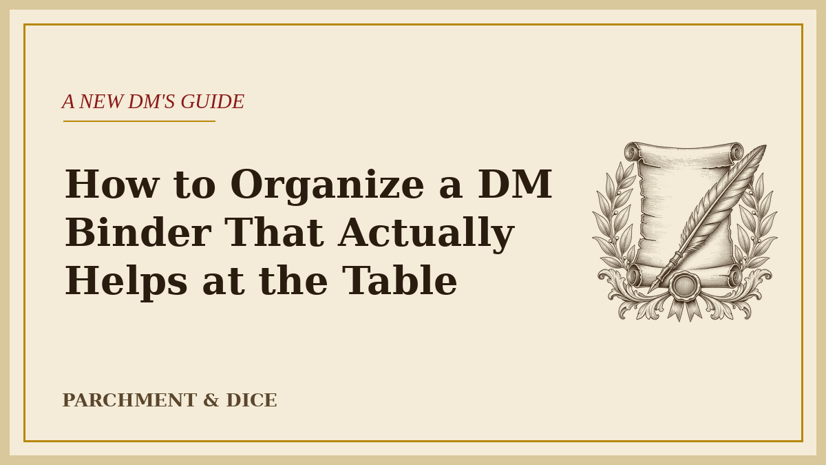 Cream title card reading 'How to Organize a DM Binder That Actually Helps at the Table' beside an ink-drawn scroll and quill