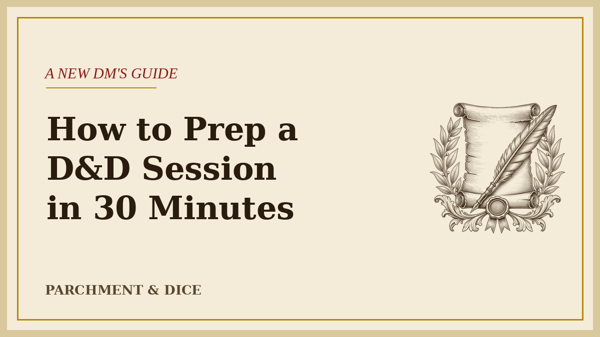 Cream title card reading 'How to Prep a D&D Session in 30 Minutes' beside an ink-drawn scroll and quill