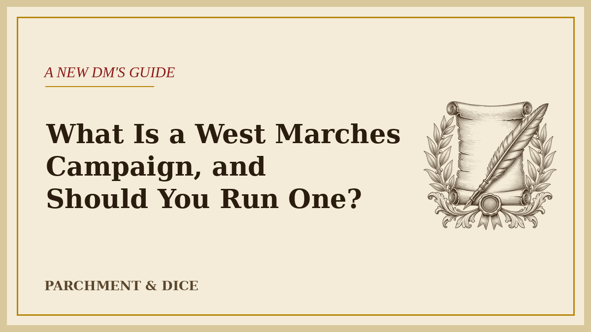 Cream title card reading 'What Is a West Marches Campaign, and Should You Run One?' beside an ink-drawn scroll and quill