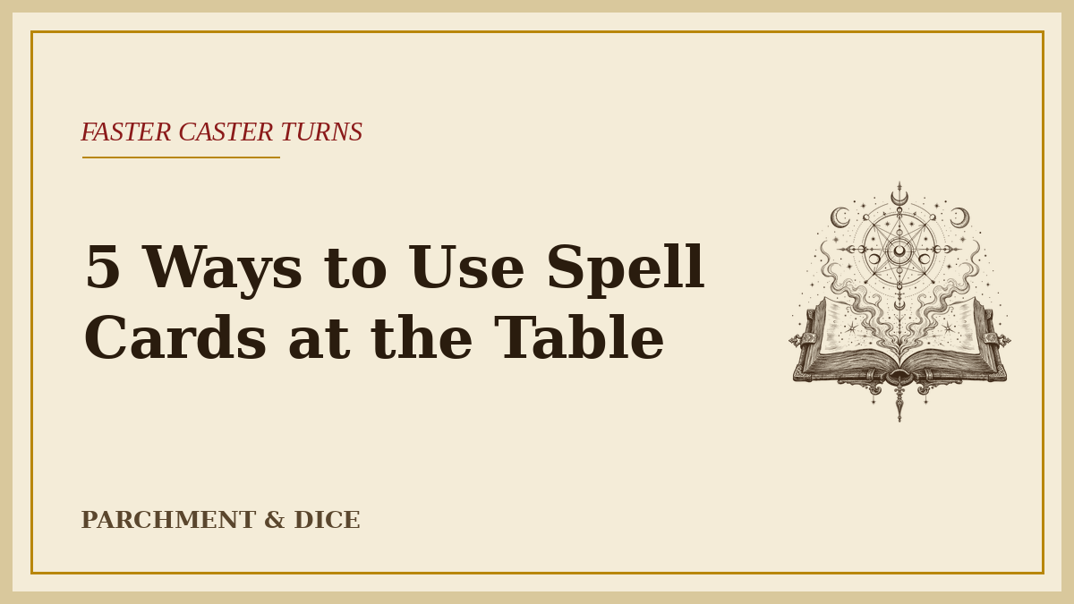 Cream card with a gold border reading '5 Ways to Use Spell Cards at the Table' beside an ink-drawn open spellbook
