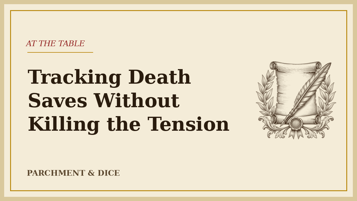 Cream title card reading 'Tracking Death Saves Without Killing the Tension' beside an ink-drawn scroll and quill