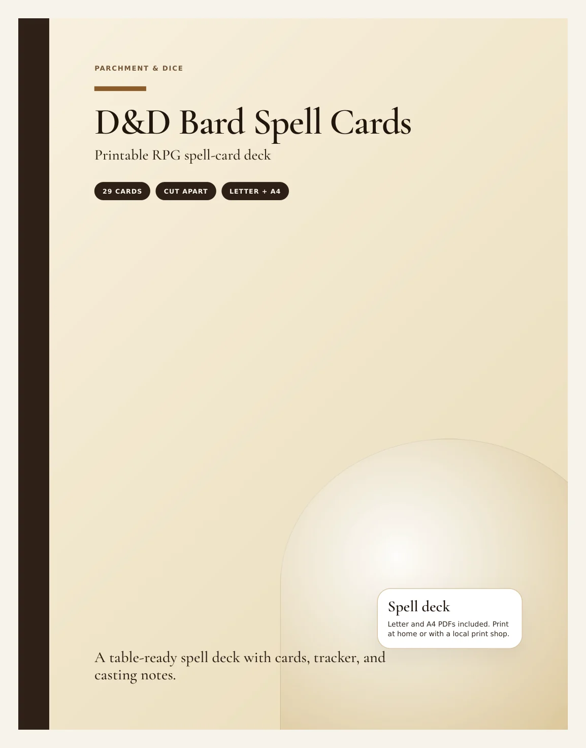 DnD Bard Spell Cards 5e Printable PDF | All 9 Cantrips + 20 Level 1 Spells | A4 + US Letter | Tabletop RPG Reference — Preview page 1