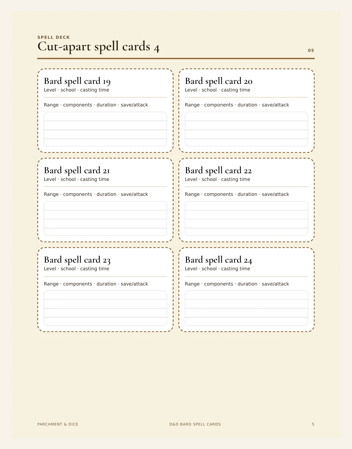 DnD Bard Spell Cards 5e Printable PDF | All 9 Cantrips + 20 Level 1 Spells | A4 + US Letter | Tabletop RPG Reference — Preview page 2