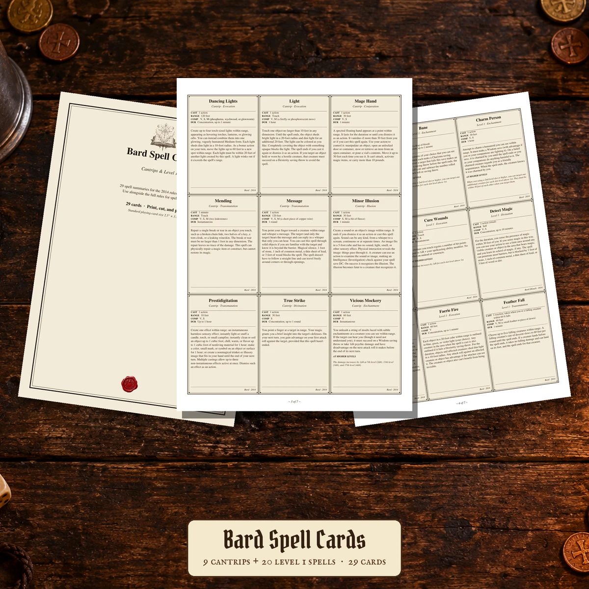 DnD Bard Spell Cards Printable | 9 Cantrips + 20 Level 1 Spells — 2014 5e reference cards • A4 + US Letter • Parchment + plain
