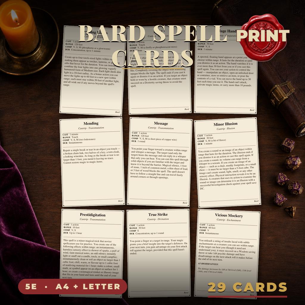 DnD Bard Spell Cards 5e Printable PDF | All 9 Cantrips + 20 Level 1 Spells | A4 + US Letter | Tabletop RPG Reference — All 9 Cantrips + 20 Level 1 Spells | A4 + US Letter | Tabletop RPG Reference