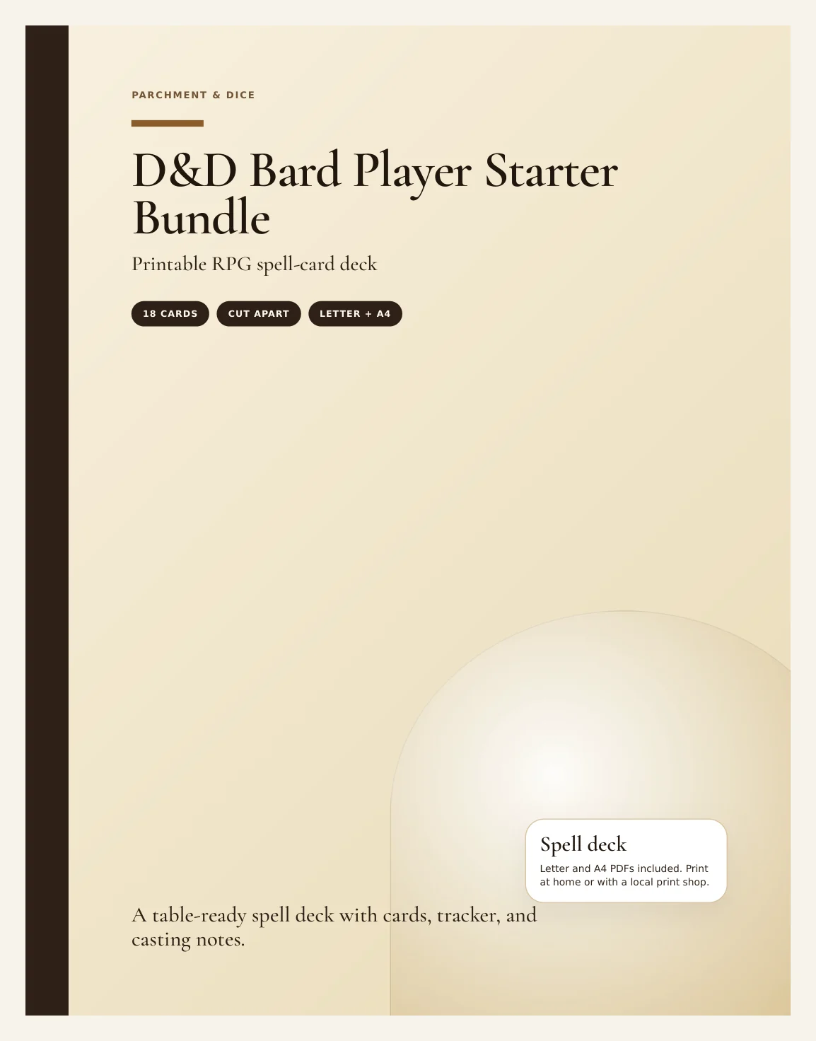 DnD Bard Player Starter Bundle 5e Printable PDF | Spell Cards Character Journal Death Save Tracker | New Player Gift — Preview page 1