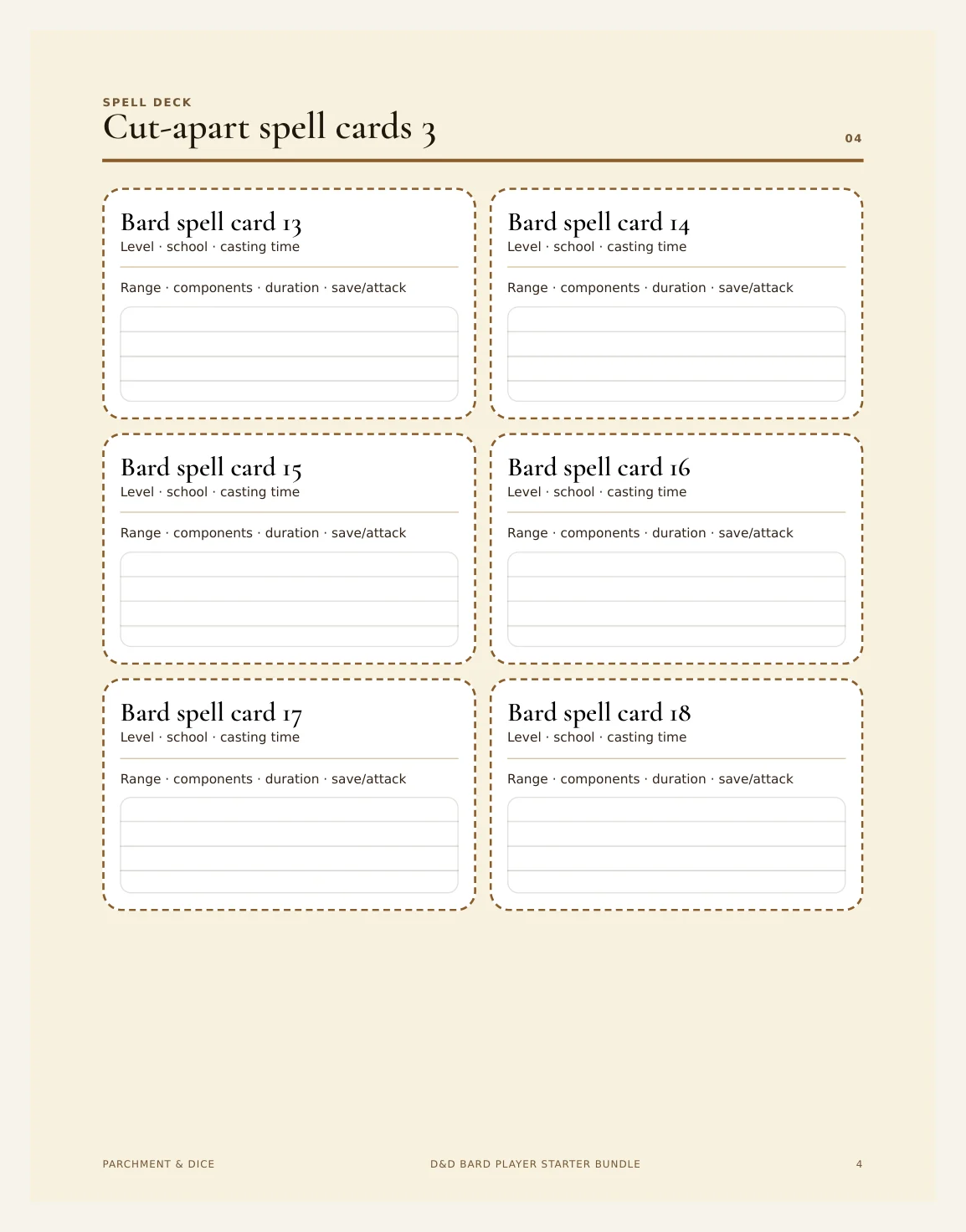 DnD Bard Player Starter Bundle 5e Printable PDF | Spell Cards Character Journal Death Save Tracker | New Player Gift — Preview page 2