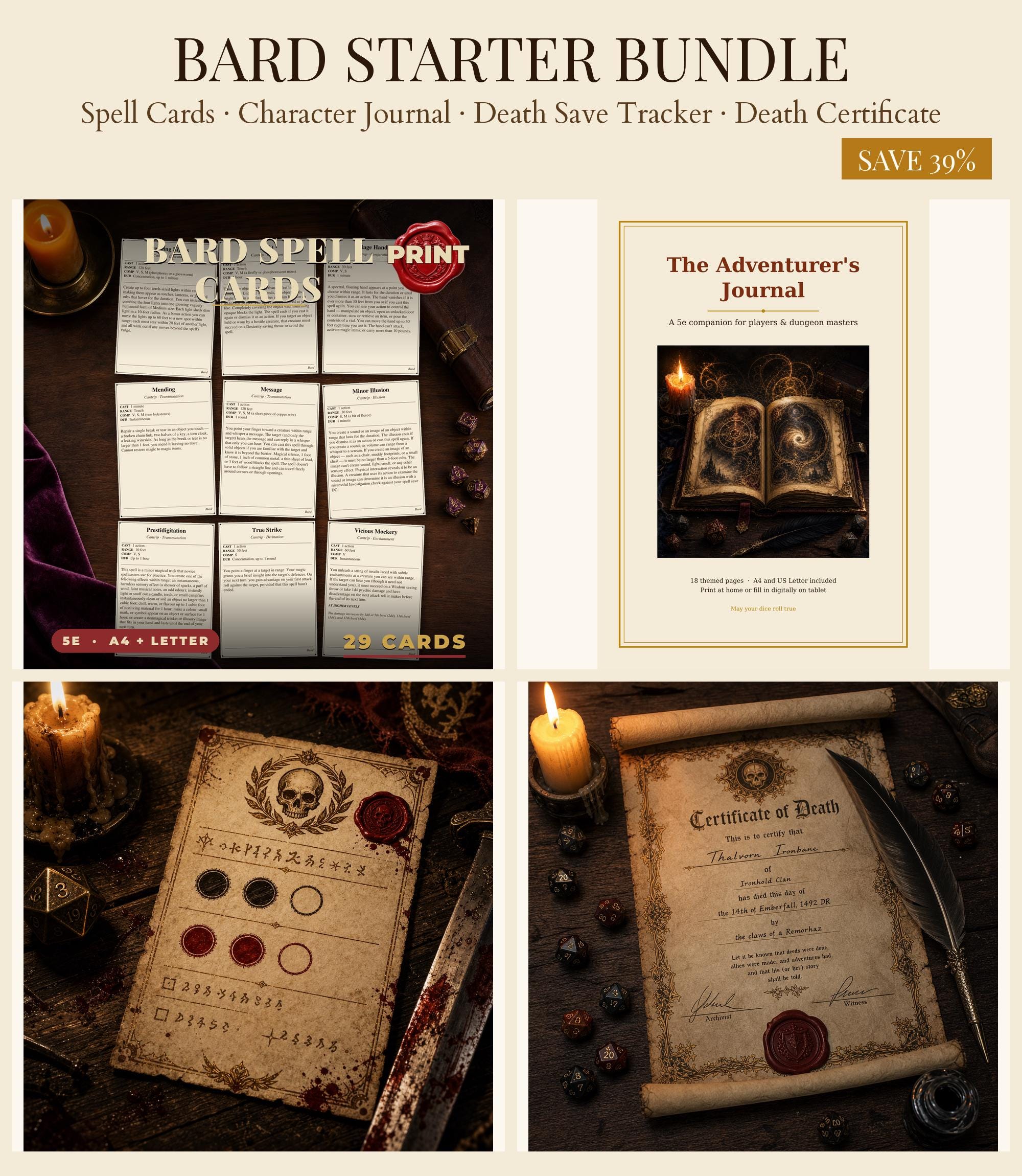 DnD Bard Player Starter Bundle 5e Printable PDF | Spell Cards Character Journal Death Save Tracker | New Player Gift — Spell Cards Character Journal Death Save Tracker | New Player Gift