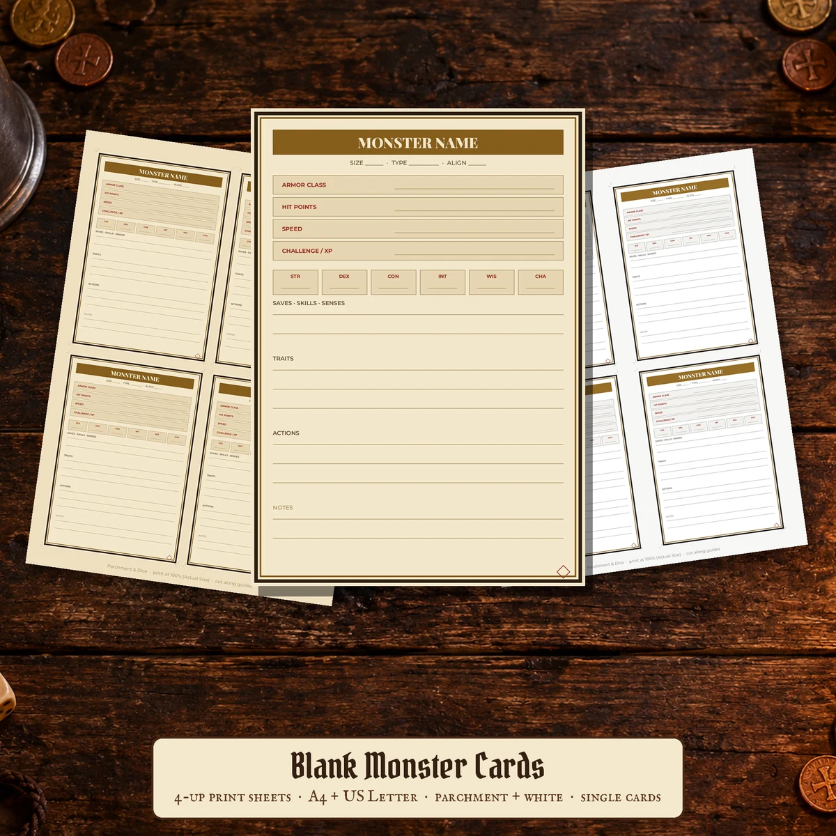 Blank DnD Monster Cards Printable — Write-in stat cards for homebrew monsters and tabletop encounters