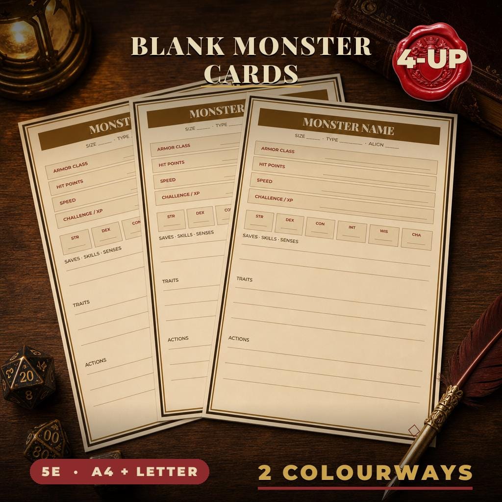 Blank DnD Monster Cards Printable - Build Your Own Fillable 5e Monster Stat Block Cards - Homebrew TTRPG Print and Cut - Instant Download — Build Your Own Fillable 5e Monster Stat Block Cards - Homebrew TTRPG Print and C
