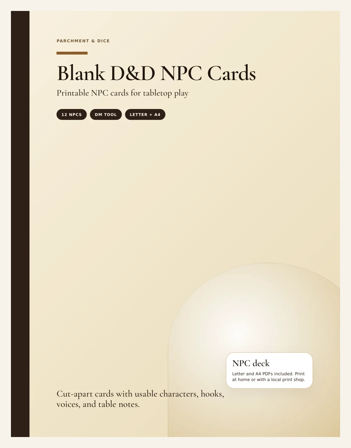 Blank DnD NPC Cards Printable - Build Your Own Fillable 5e NPC Reference Cards - Homebrew TTRPG Print and Cut - Instant Download — Preview page 1