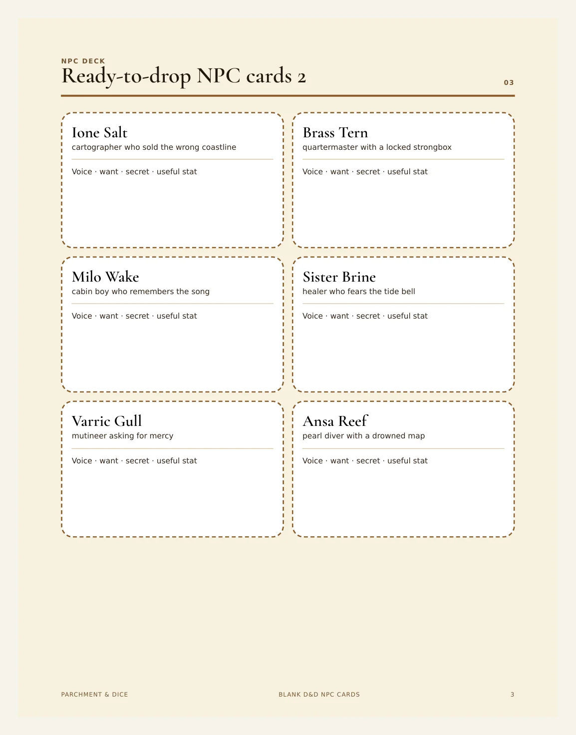 Blank DnD NPC Cards Printable - Build Your Own Fillable 5e NPC Reference Cards - Homebrew TTRPG Print and Cut - Instant Download — Preview page 2