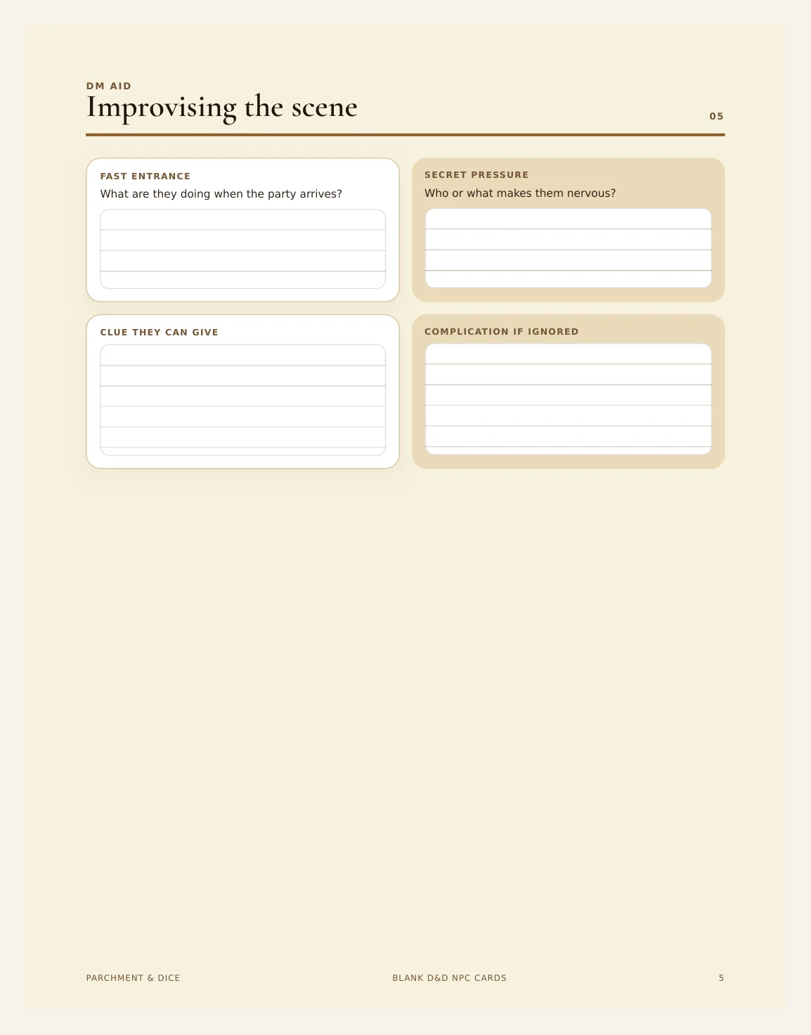 Blank DnD NPC Cards Printable - Build Your Own Fillable 5e NPC Reference Cards - Homebrew TTRPG Print and Cut - Instant Download — Blank Npc Cards Actual Buyer Preview 3