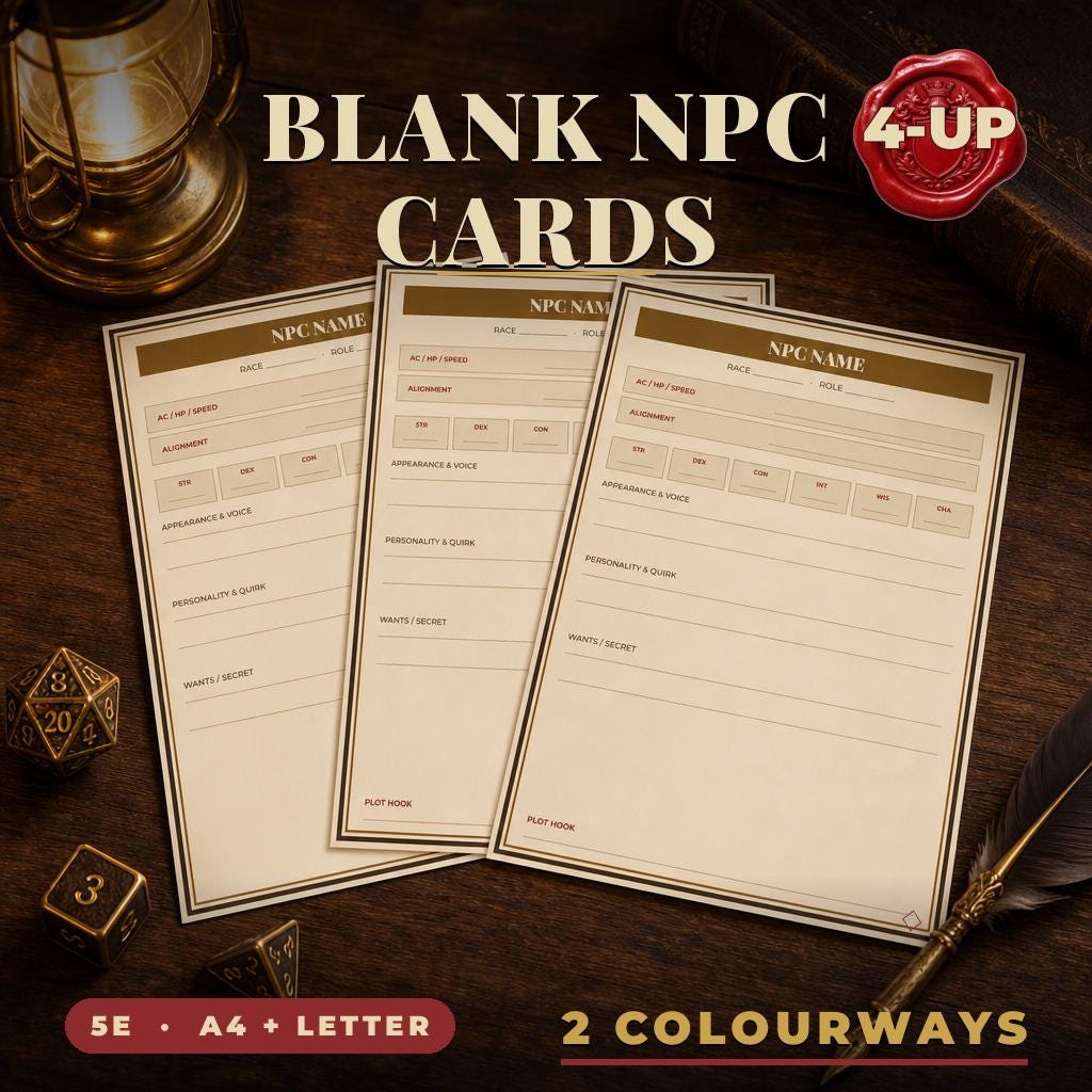 Blank DnD NPC Cards Printable - Build Your Own Fillable 5e NPC Reference Cards - Homebrew TTRPG Print and Cut - Instant Download — Build Your Own Fillable 5e NPC Reference Cards - Homebrew TTRPG Print and Cut -