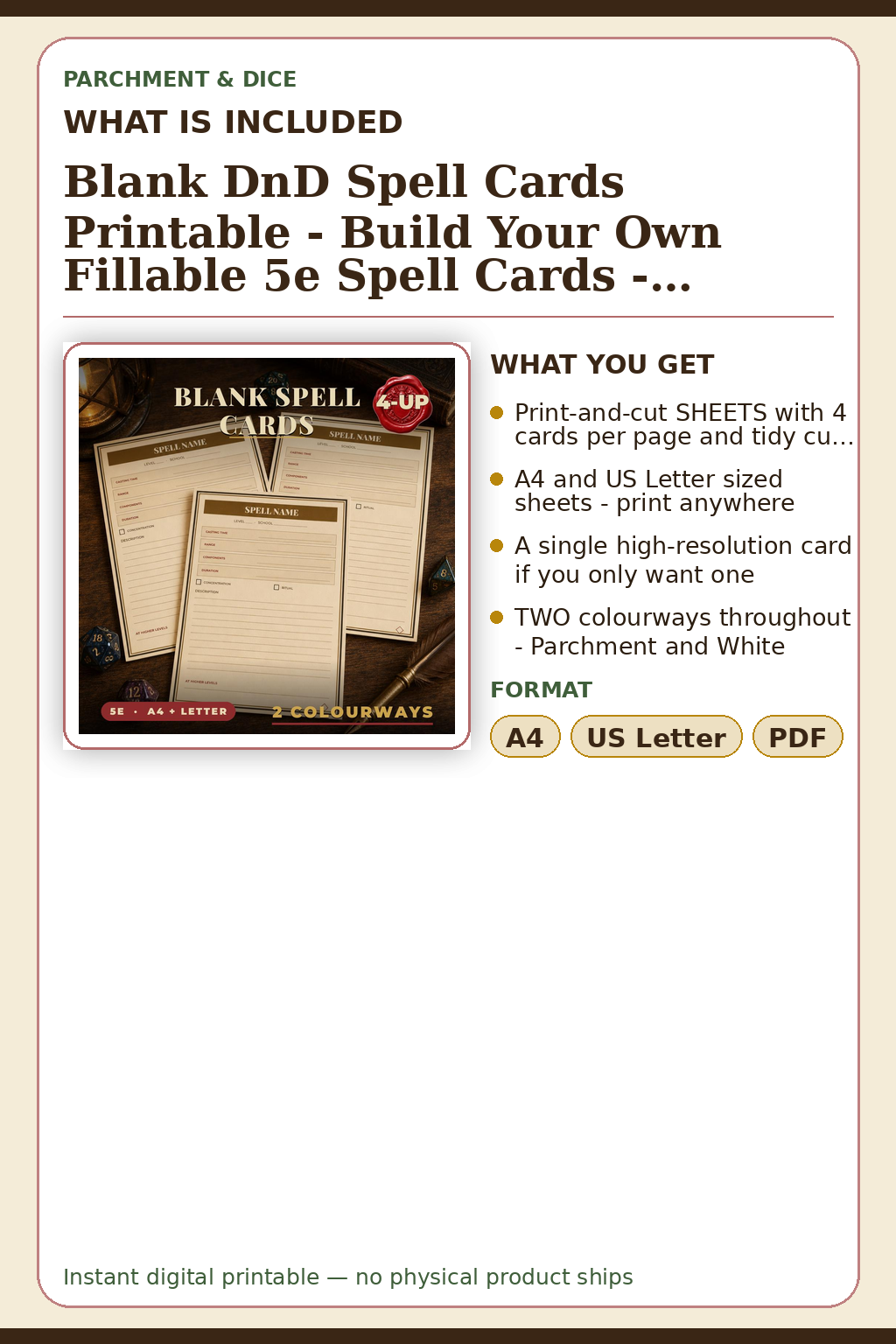 Blank DnD Spell Cards Printable - Build Your Own Fillable 5e Spell Cards - Homebrew TTRPG Print and Cut - Instant Download — What is included