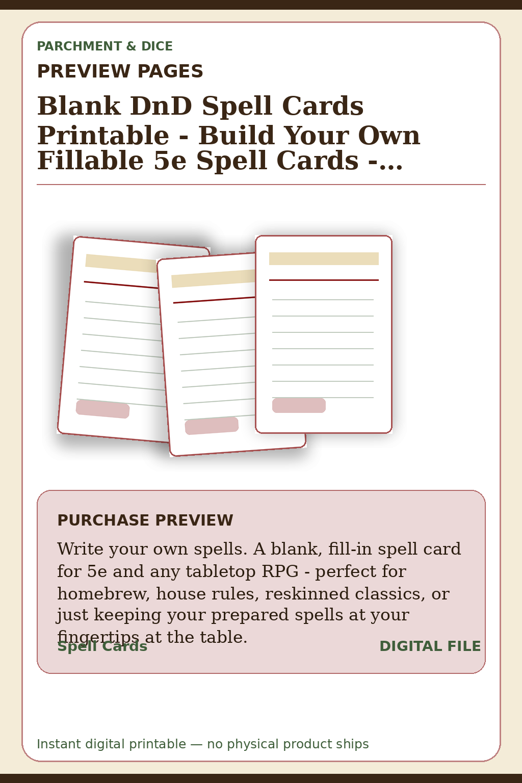 Blank DnD Spell Cards Printable - Build Your Own Fillable 5e Spell Cards - Homebrew TTRPG Print and Cut - Instant Download — Blank Spell Cards Preview Pages