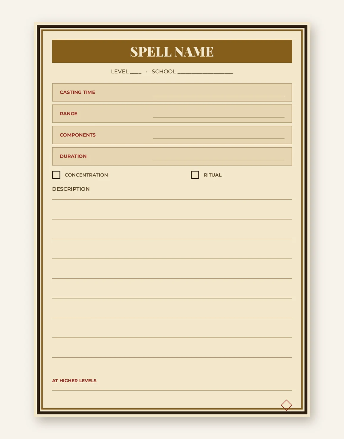 Blank DnD Spell Cards Printable — Preview page 1
