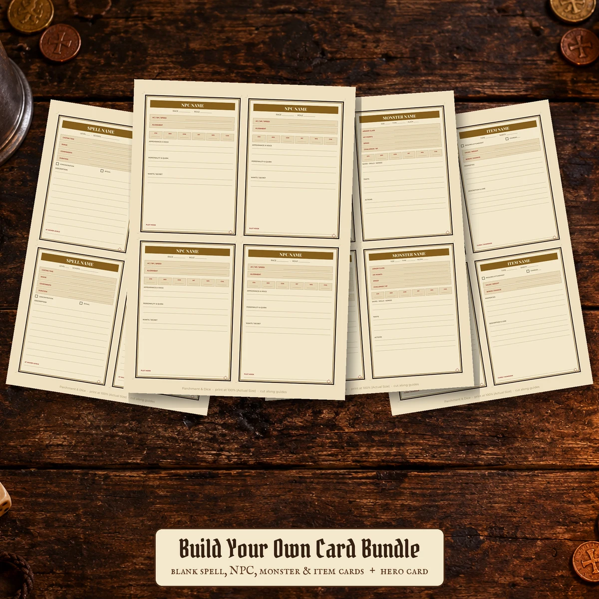 Build Your Own DnD Card Creator Bundle — Five printable card templates for spells, NPCs, monsters, magic items and heroes