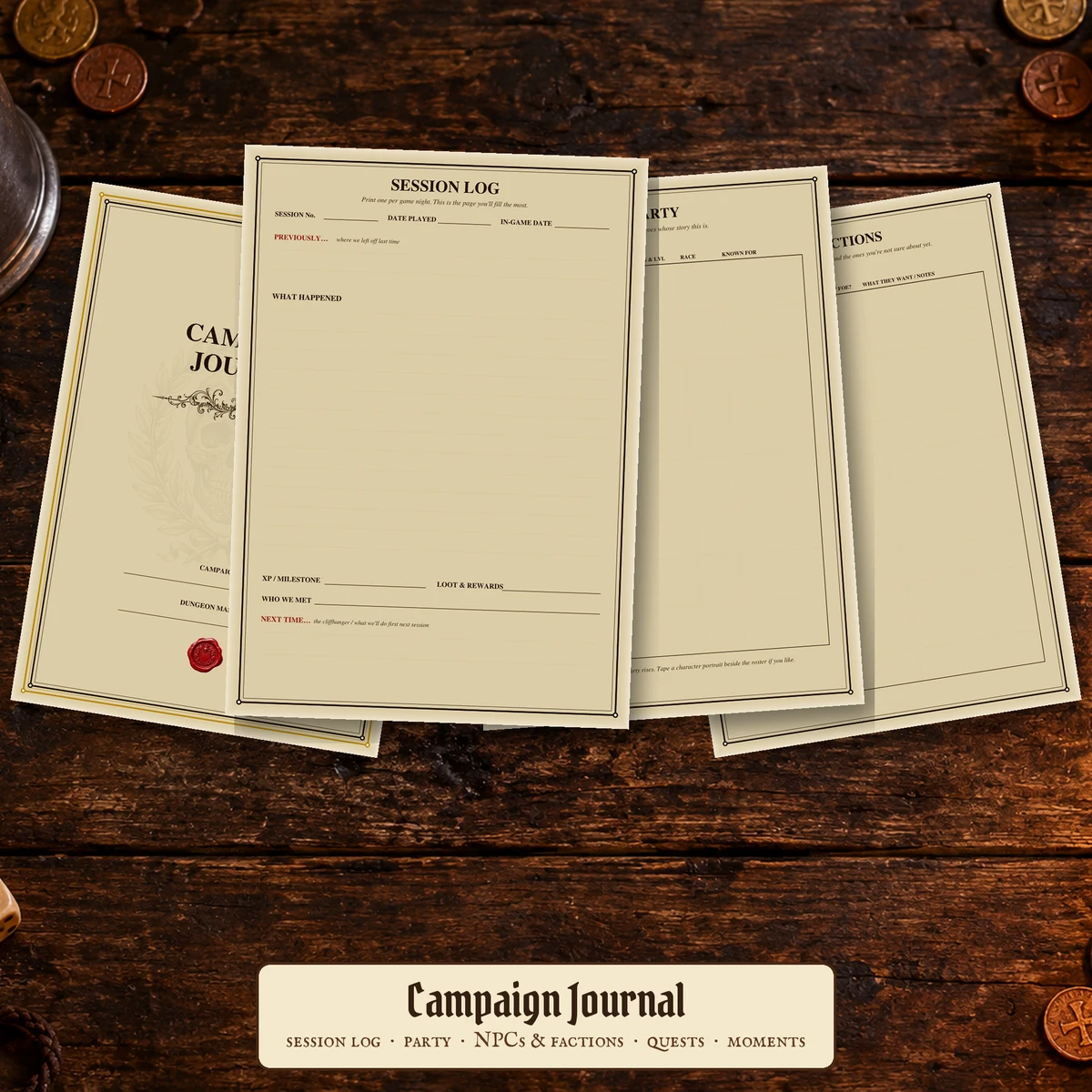 DnD Campaign Journal Printable 5e — Session log and party tracker for the whole table