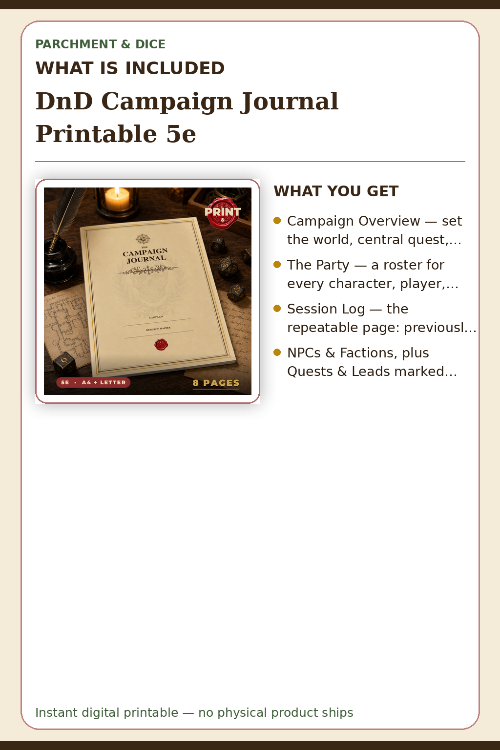 DnD Campaign Journal Printable 5e — What is included