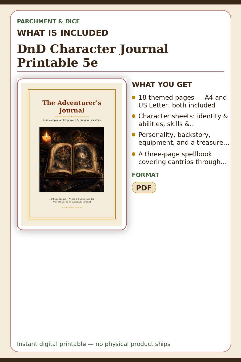 DnD Character Journal Printable 5e — What is included