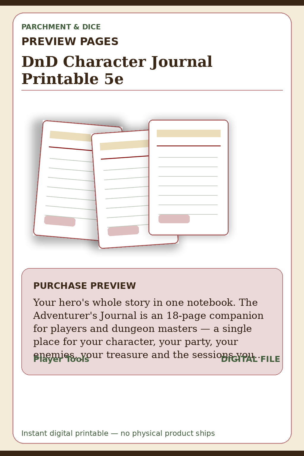 DnD Character Journal Printable 5e — Character Journal Preview Pages