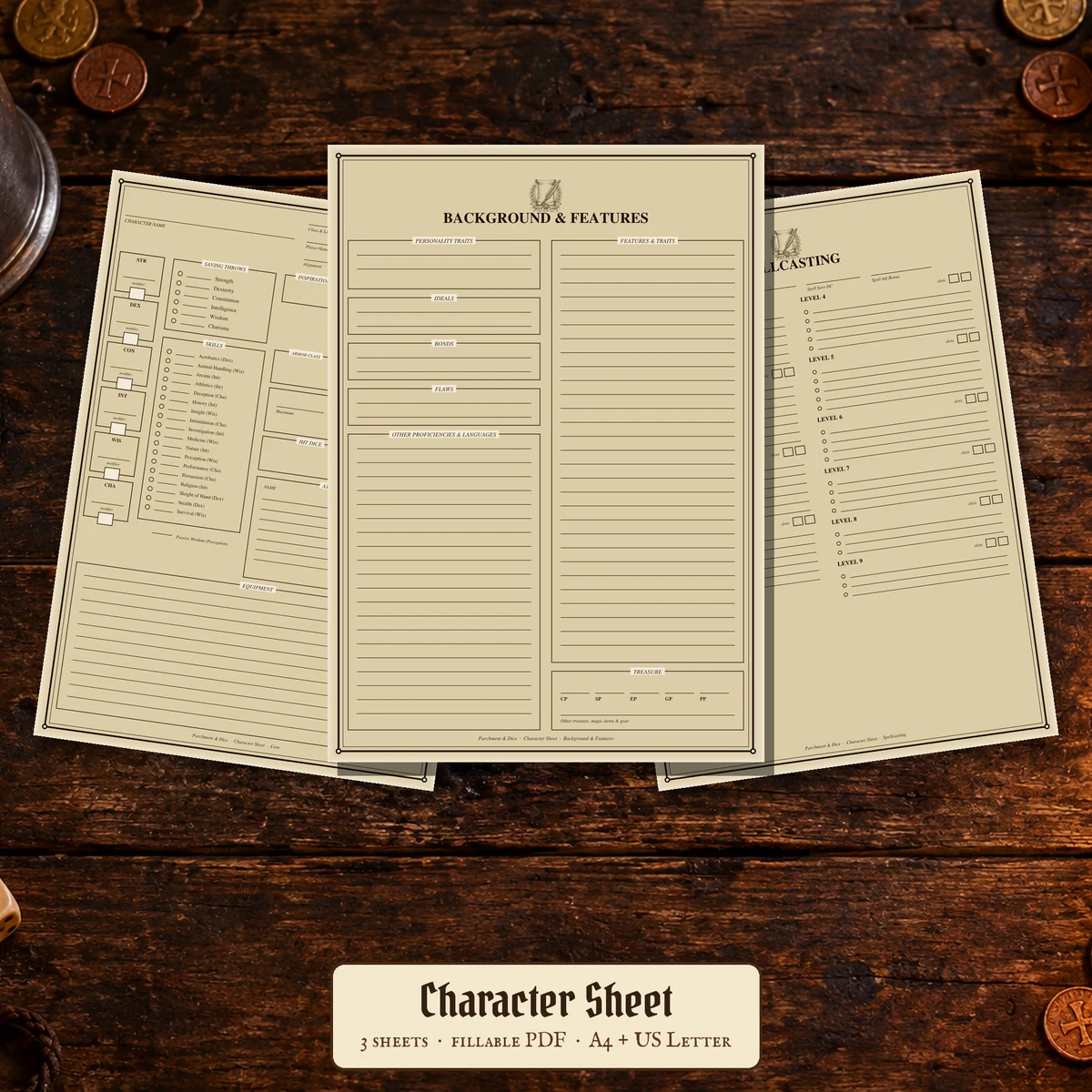 DnD Character Sheet Printable — Fillable 5e character sheet, A4 + US Letter